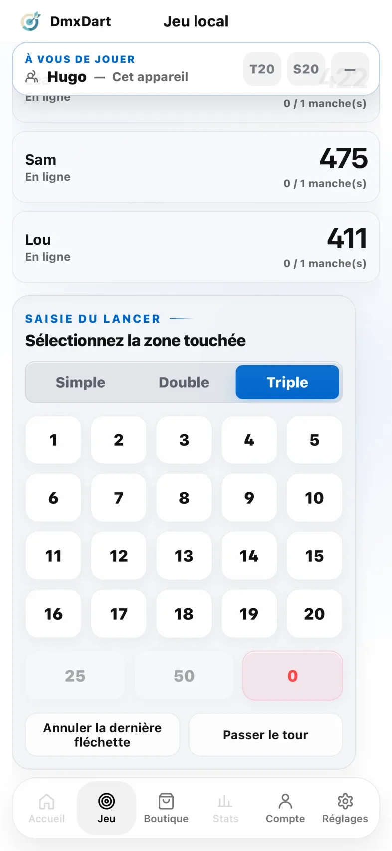 Pavé de saisie du lancer