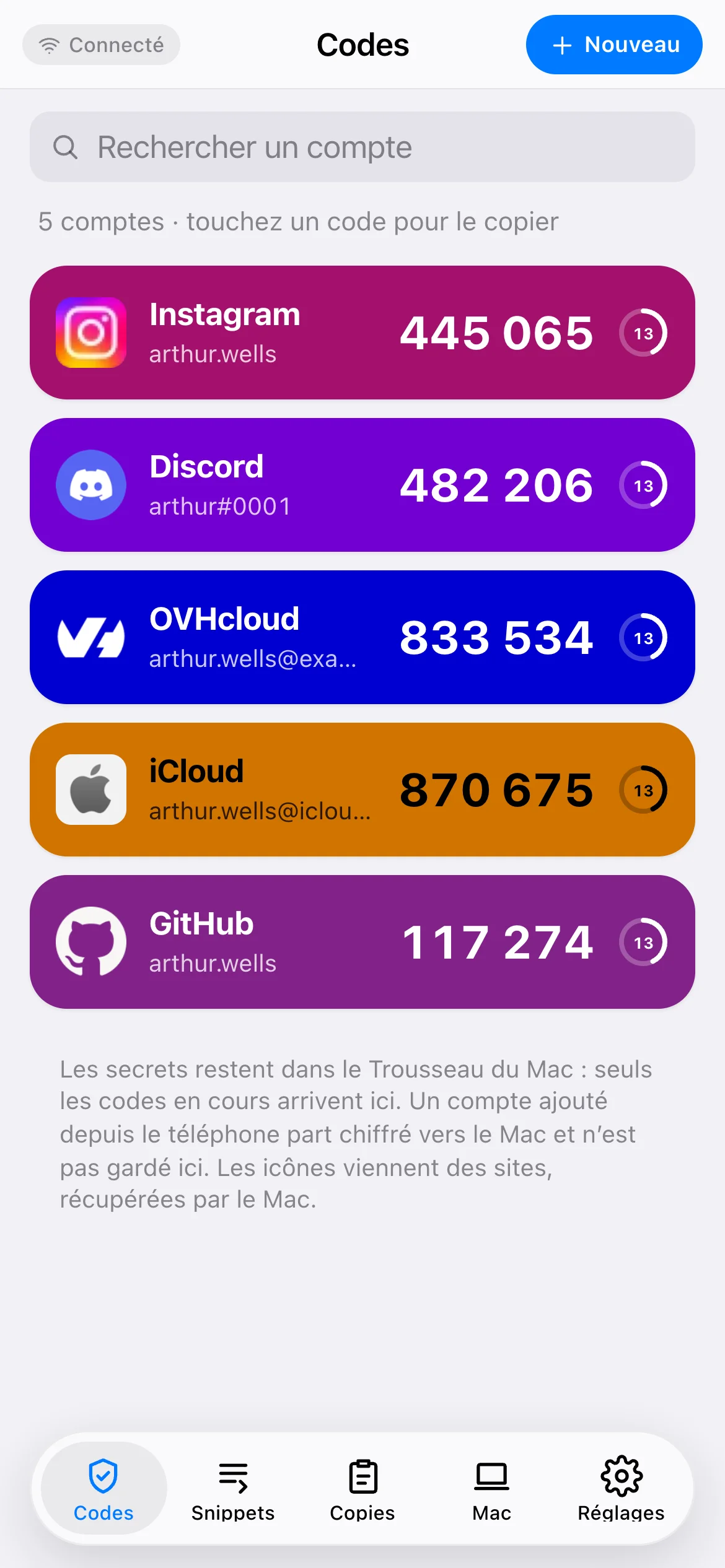 Codes dans le compagnon mobile
