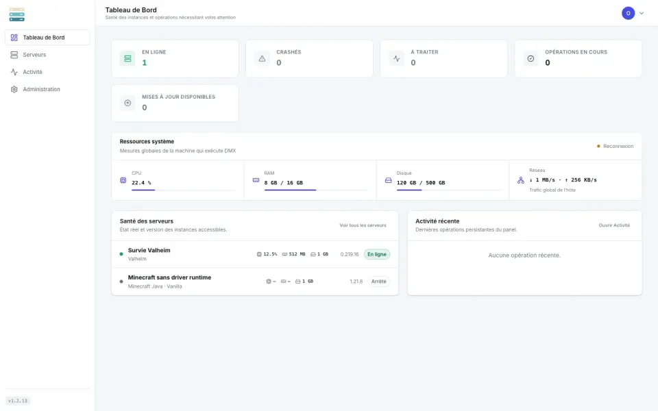 Tableau de bord de DmxServerManager