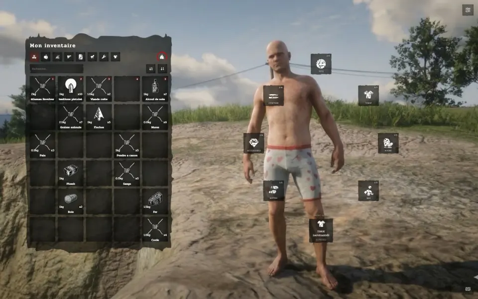 Inventaire avec le personnage et ses vêtements