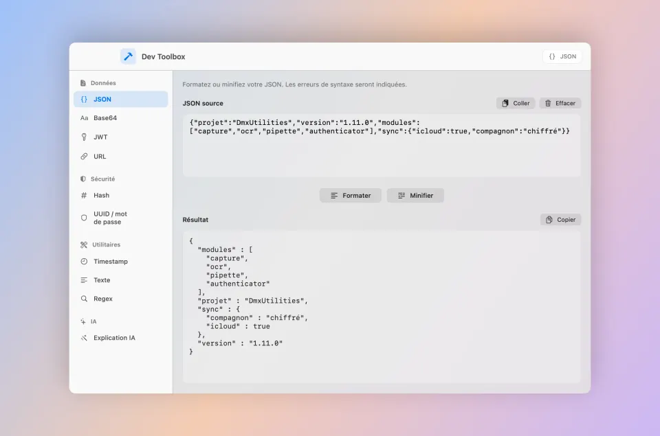 Dev Toolbox formatant un JSON